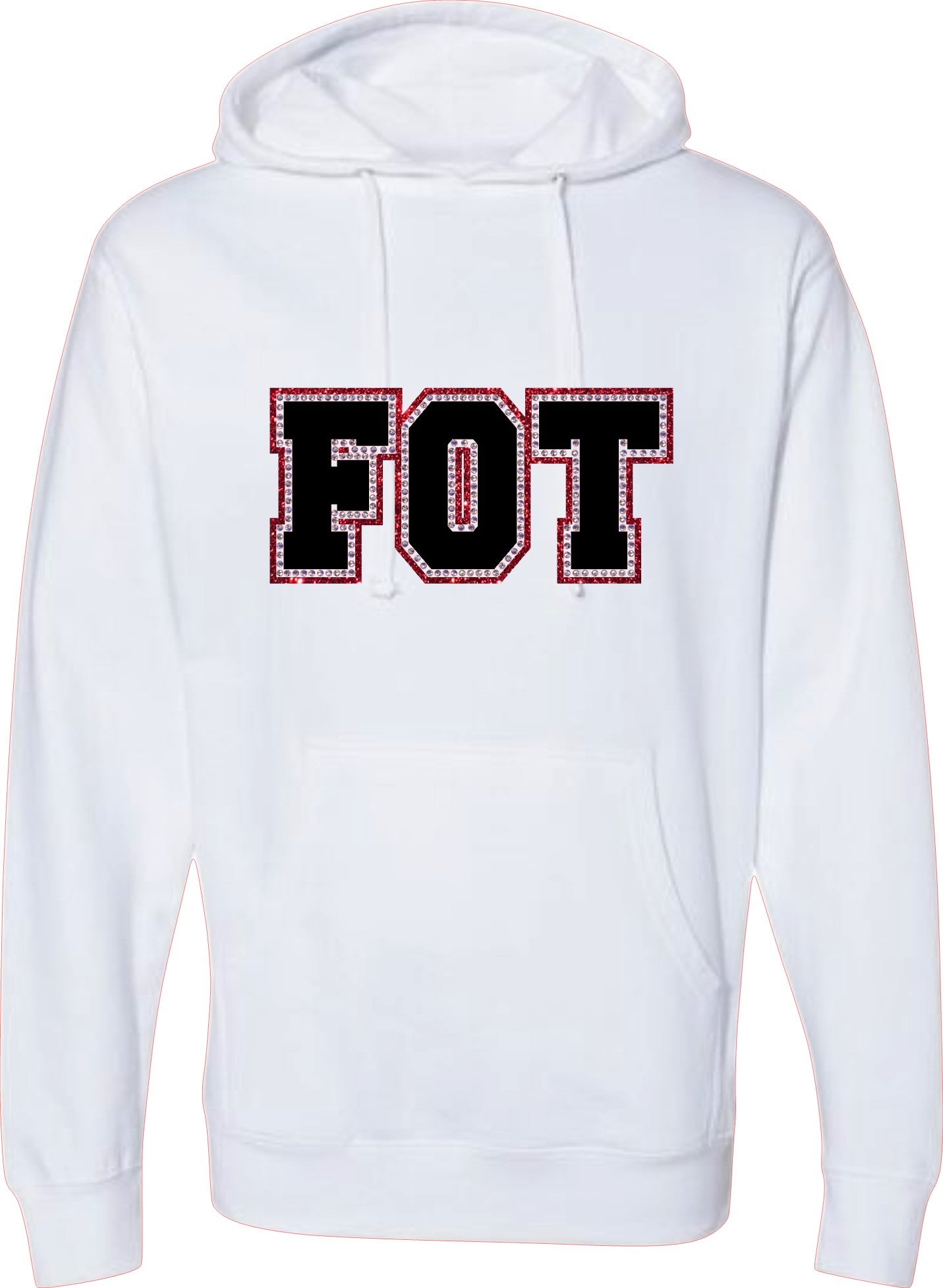 FOT Varsity Rhinestones on White Hoodie or Crewneck