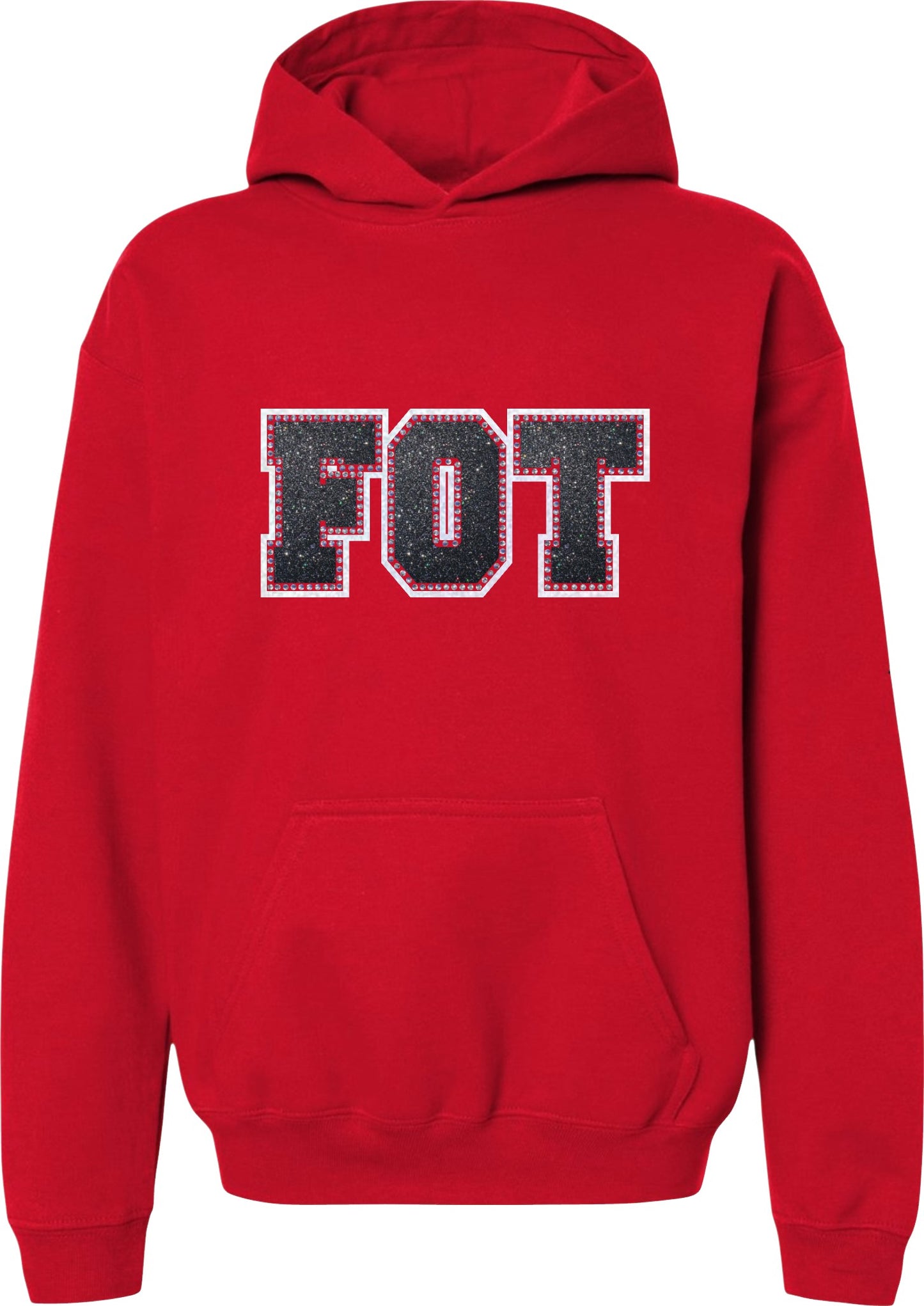 FOT Varsity Rhinestones and Glitter on Red Hoodie or Crewneck