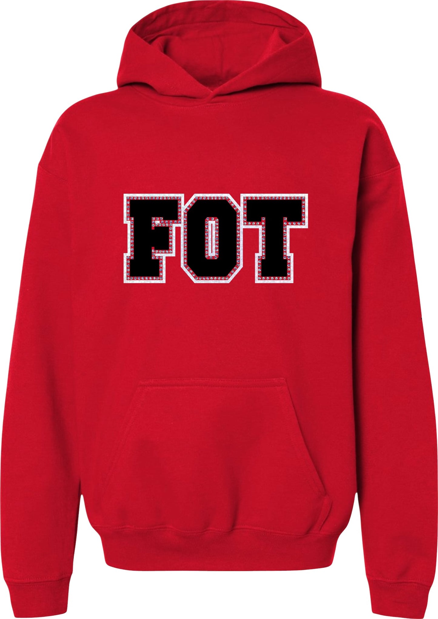 FOT Varsity Rhinestones on Red Hoodie or Crewneck