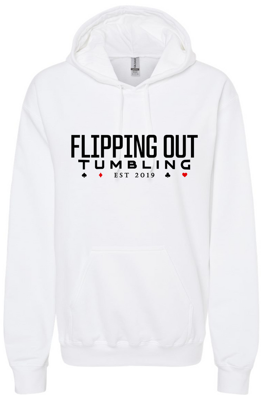 Flipping Out Tumbling Est 2019 on White Hoodie or Crewneck