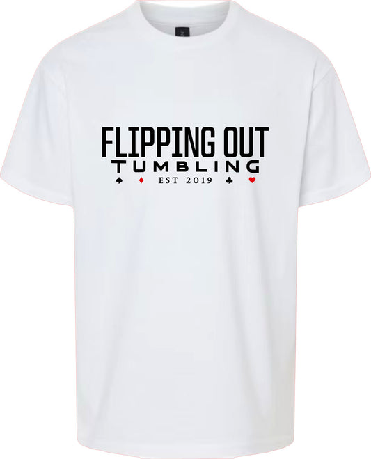 Flipping Out Tumbling Est 2019 on White Tee